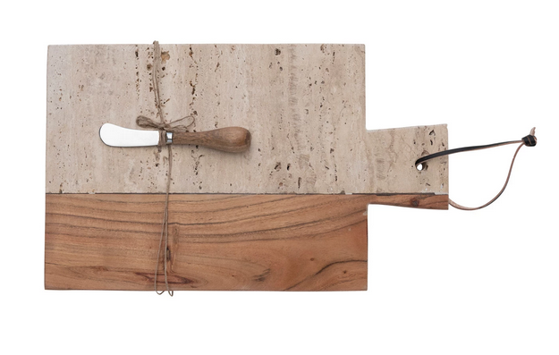 Travertine & Acacia Wood Cheese Board & Canape Knife