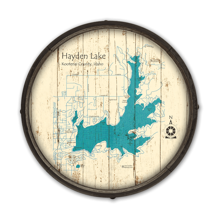 Hayden Lake, Idaho on a Barrel End: Wood / 24" x 24"