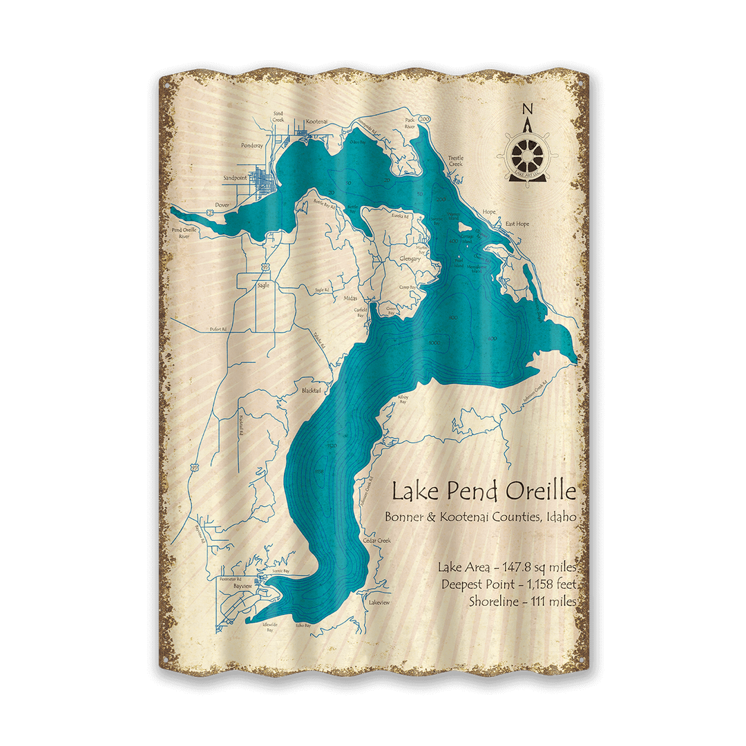 Lake Pend Oreille, Idaho - Corrugated Metal Wall Art: Corrugated Aluminum / 22.25" x 31.5"