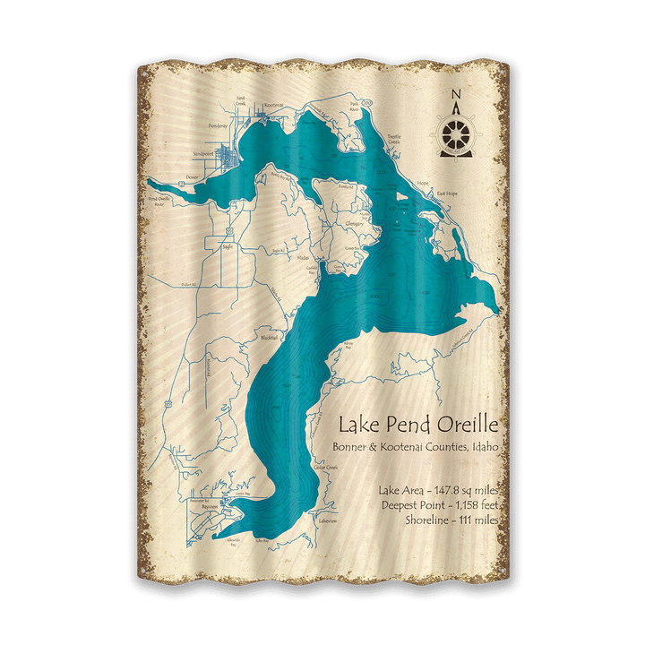 Lake Pend Oreille, Idaho - Corrugated Metal Wall Art: Corrugated Aluminum / 22.25" x 31.5"