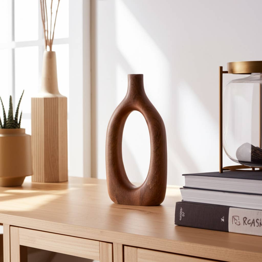 Brown 14x7 in. Wooden Casual Novelty Open Cut-Out Vase