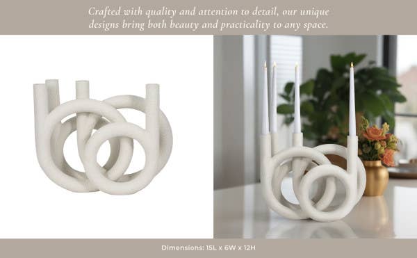 Candle Holder - White Polyresin Twisted Ring 4-Taper, 12 in.