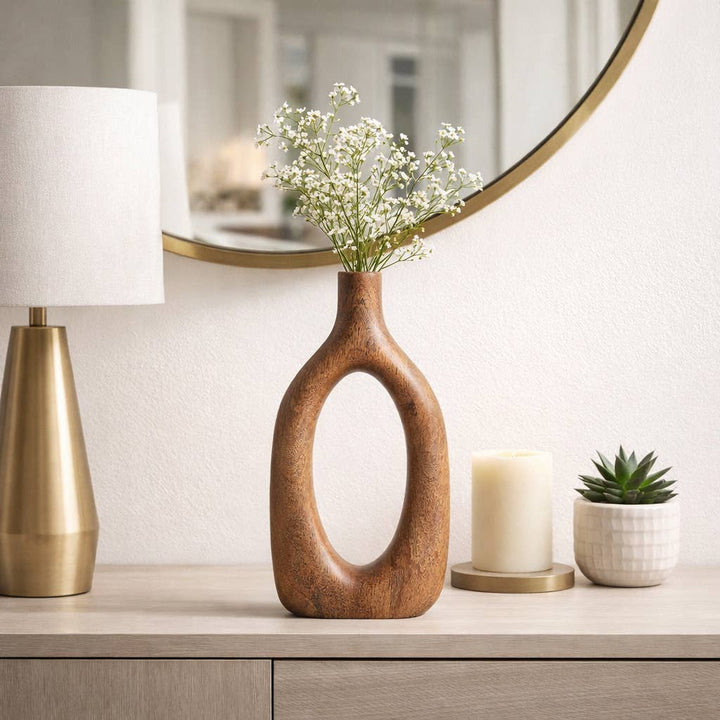 Brown 14x7 in. Wooden Casual Novelty Open Cut-Out Vase