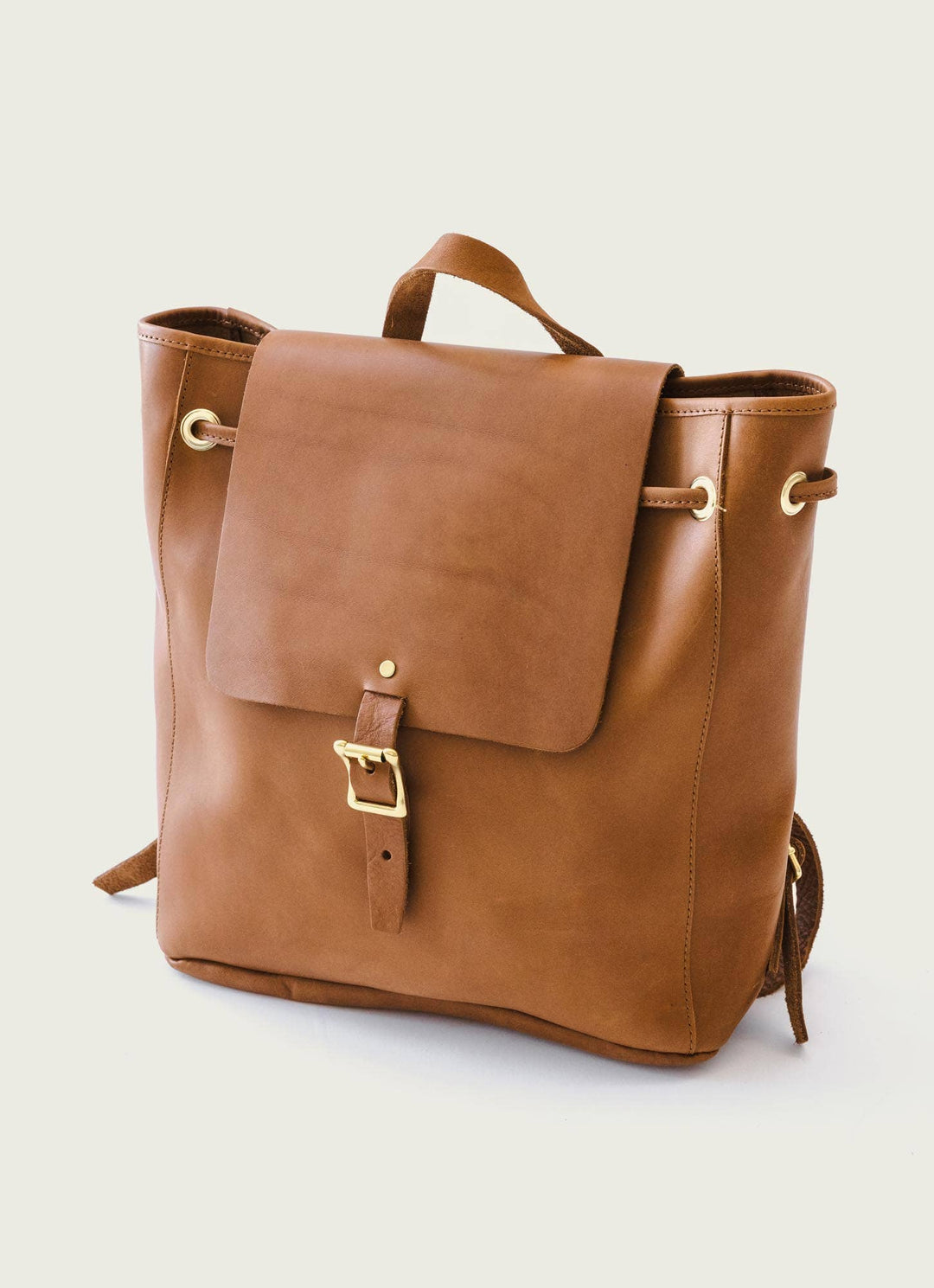 Leather Drawstring Backpack: Tan