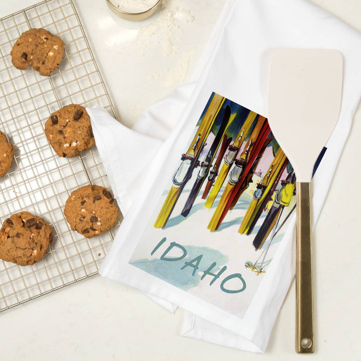 Organic Tea Towel - Idaho, Colorful Skis: Organic Tea Towel