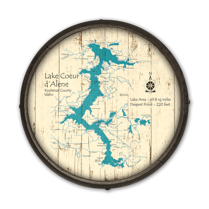 Lake Coeur d'Alene, Idaho on a Barrel End: Wood / 24" x 24"
