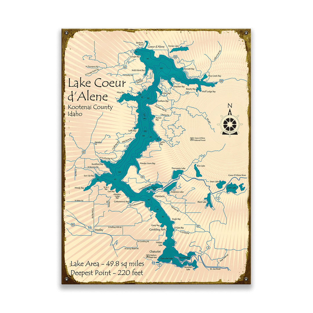 Lake Coeur d'Alene, Idaho - Wood & Metal Wall Art: Wood / 28" x 38"