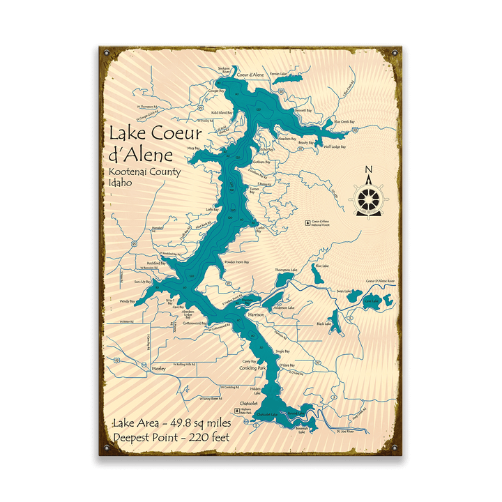 Lake Coeur d'Alene, Idaho - Wood & Metal Wall Art: Wood / 28" x 38"