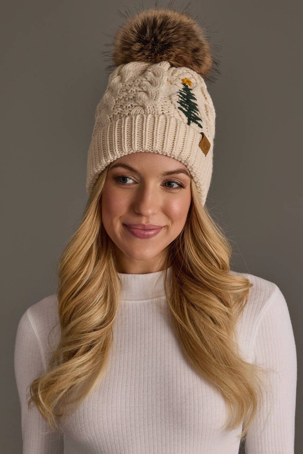 Beige Cable Knit Pom Hat w/ Embroidered Tree