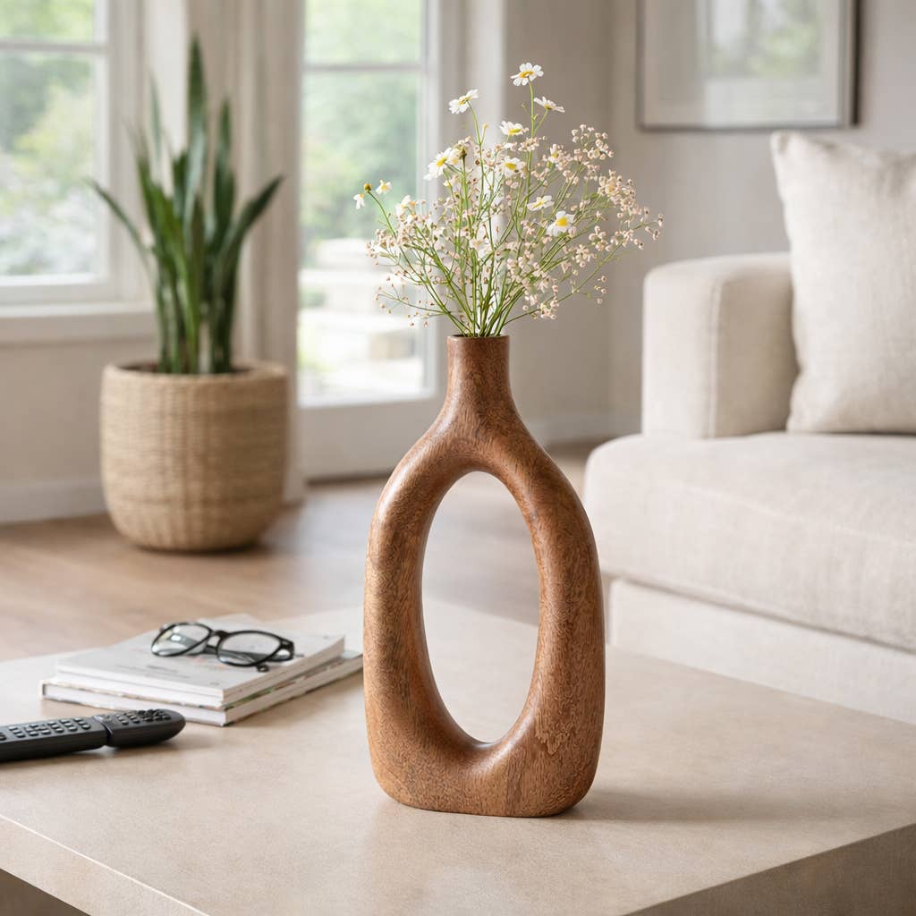 Brown 14x7 in. Wooden Casual Novelty Open Cut-Out Vase