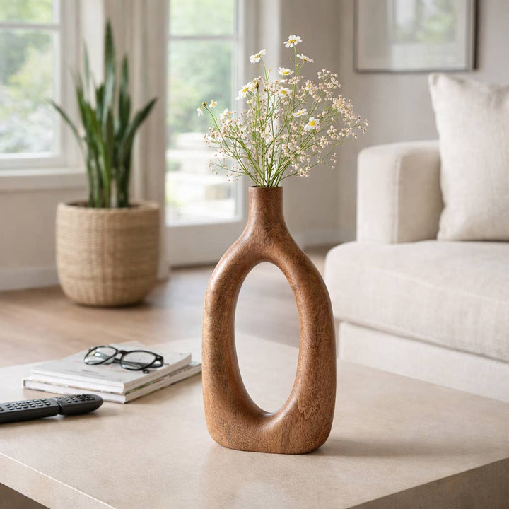 Brown 14x7 in. Wooden Casual Novelty Open Cut-Out Vase