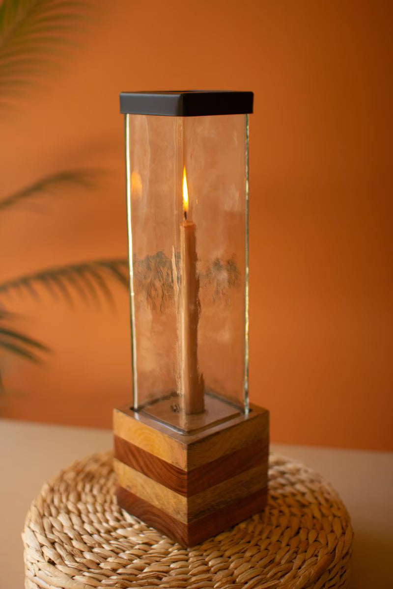 Set of 2 Square Glass and Wood Taper Candle Holders