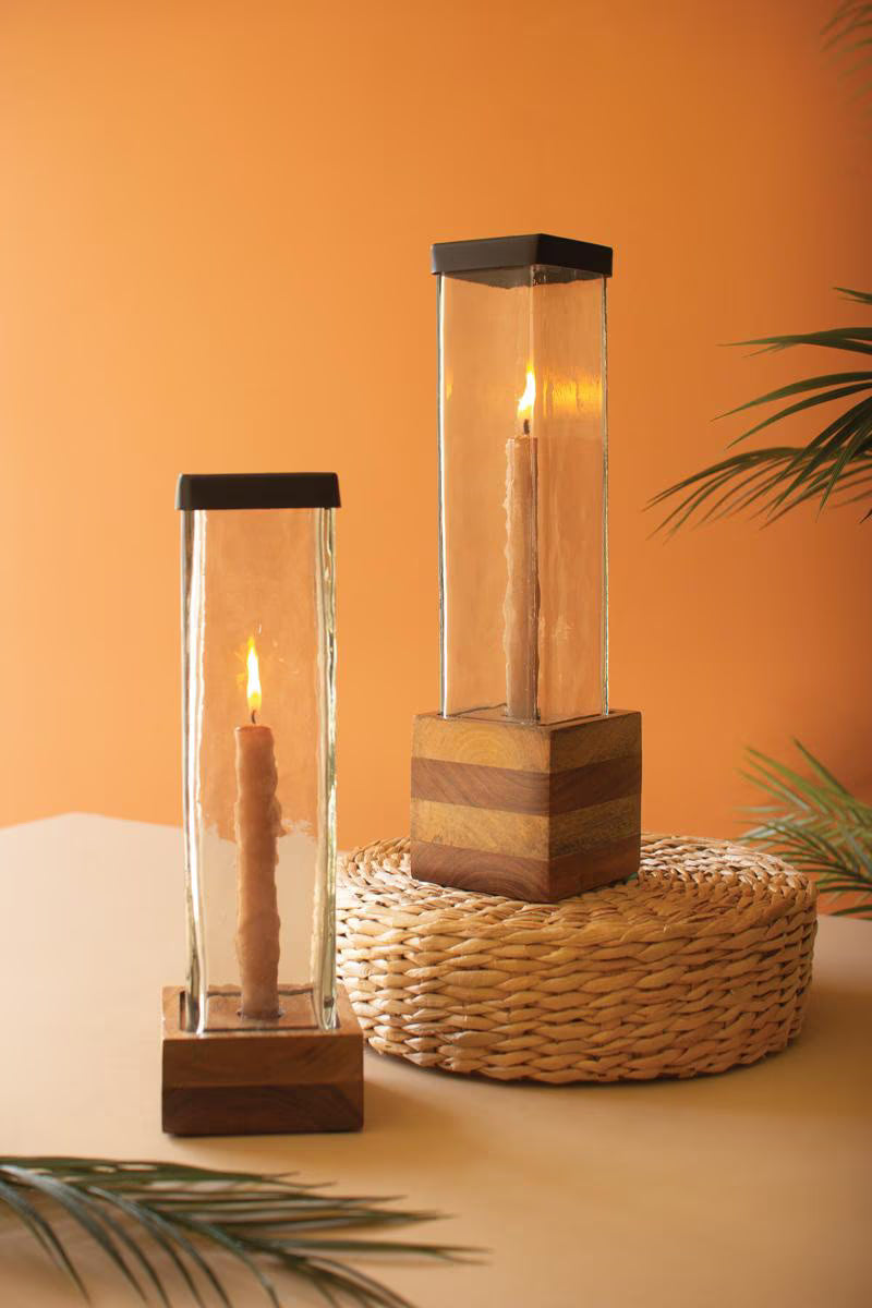 Set of 2 Square Glass and Wood Taper Candle Holders