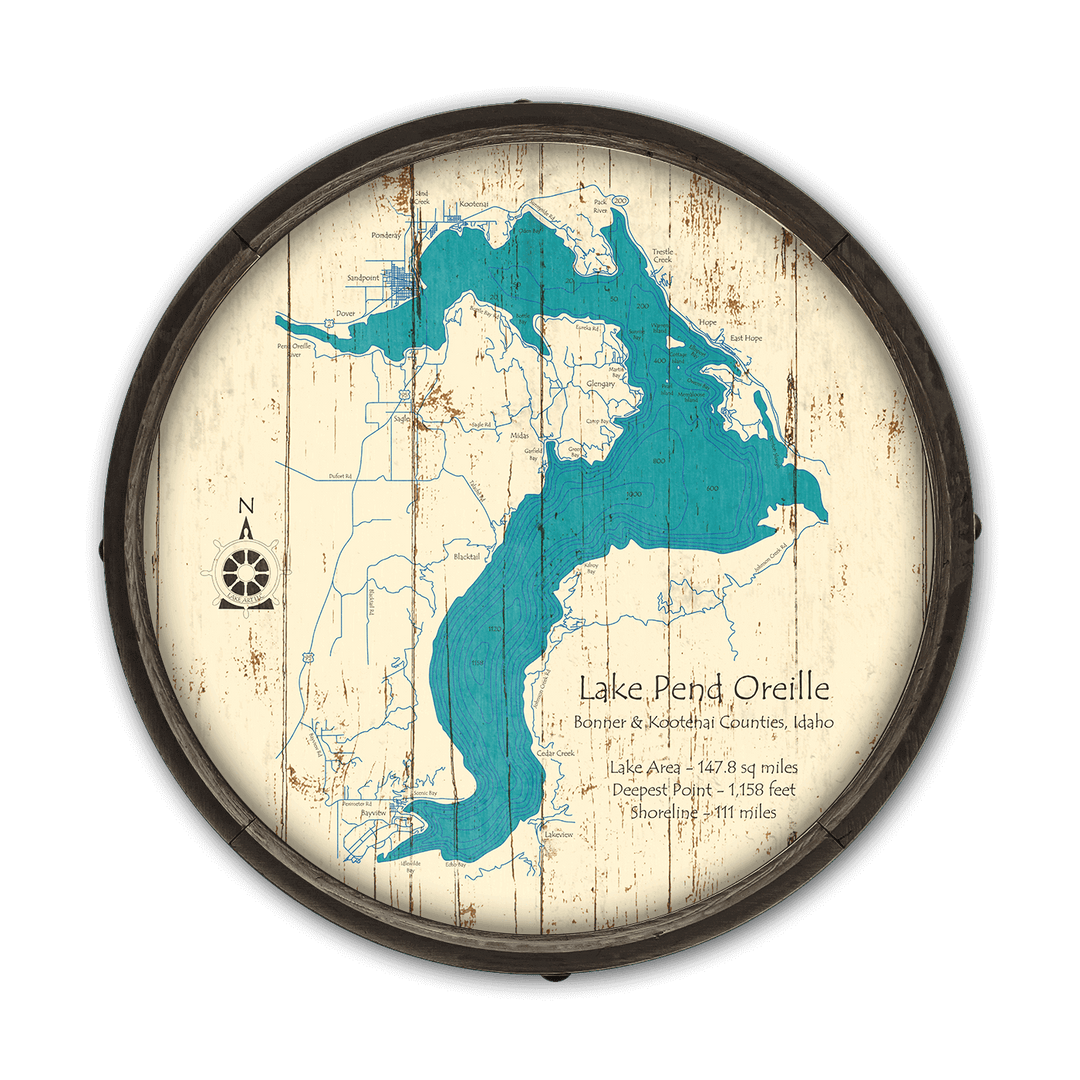Lake Pend Oreille, Idaho on a Barrel End: Wood / 24" x 24"