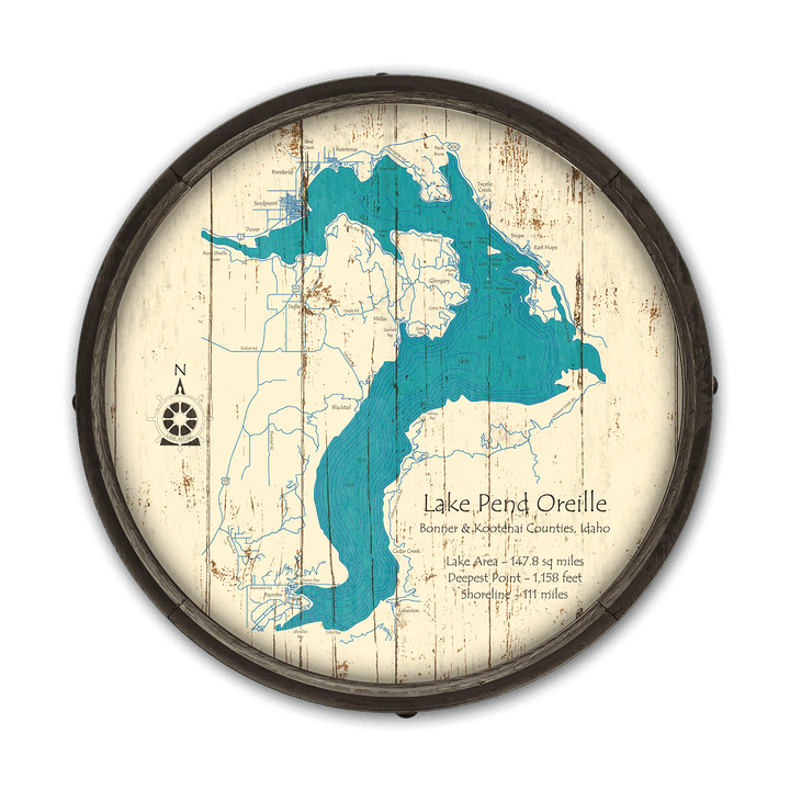 Lake Pend Oreille, Idaho on a Barrel End: Wood / 24" x 24"