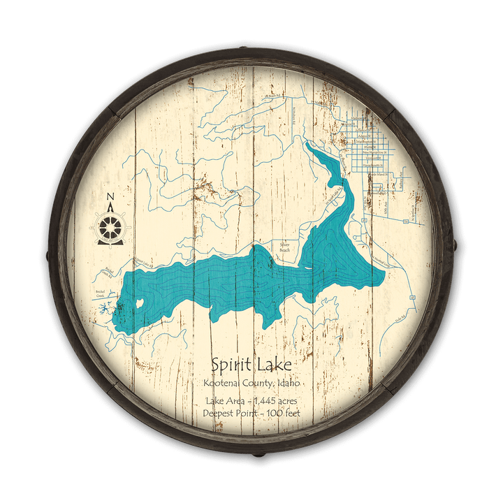 Spirit Lake, Idaho on a Barrel End: Wood / 24" x 24"