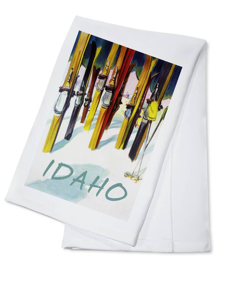 Organic Tea Towel - Idaho, Colorful Skis: Organic Tea Towel