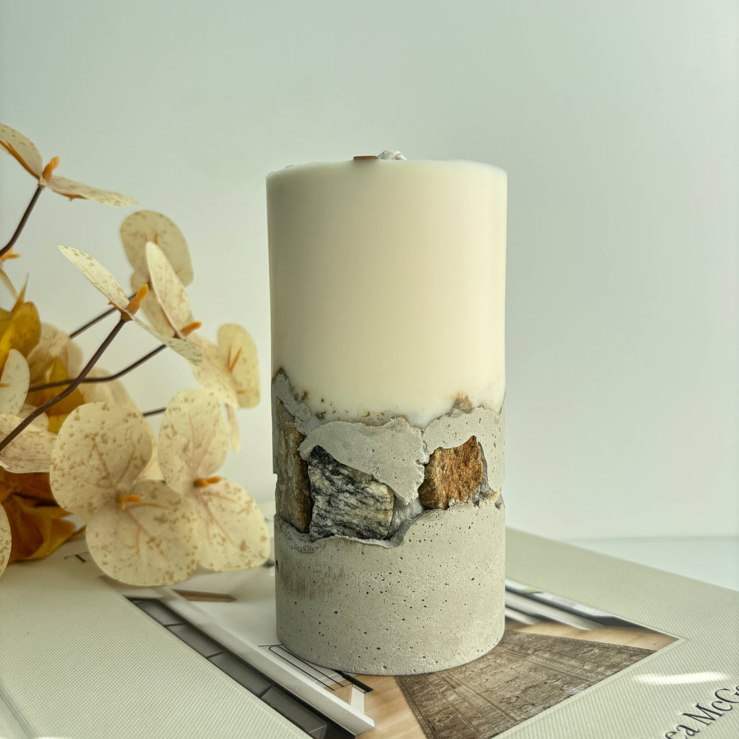 Concrete Pillar Candles | Candle: Black & Sahara Sunset / Morroccan Cashmere
