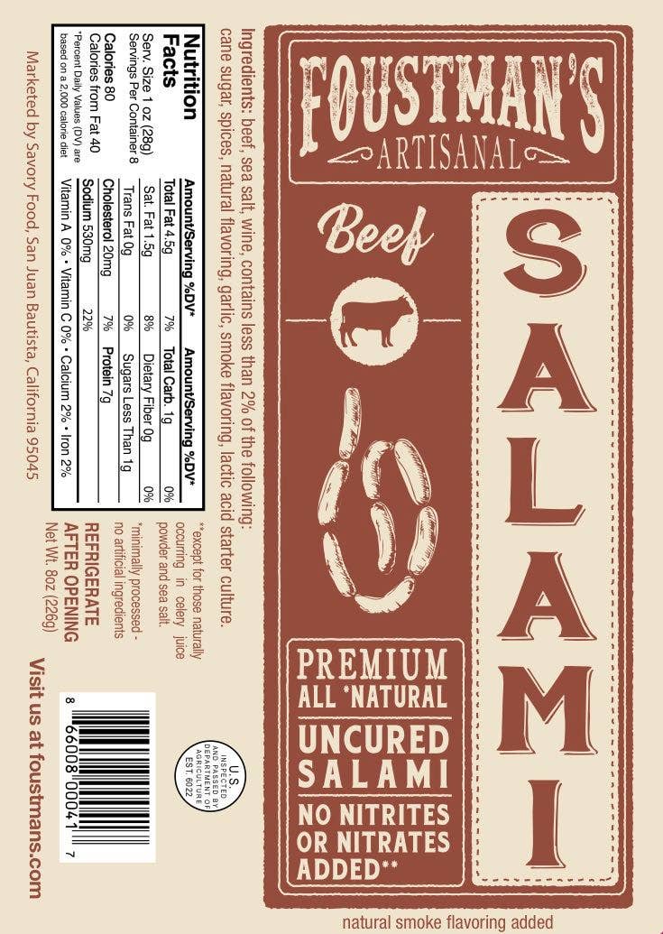 BEEF SALAMI | FOUSTMAN'S ALL-NATURAL UNCURED SALAMI - 8oz