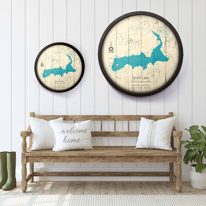 Spirit Lake, Idaho on a Barrel End: Wood / 24" x 24"