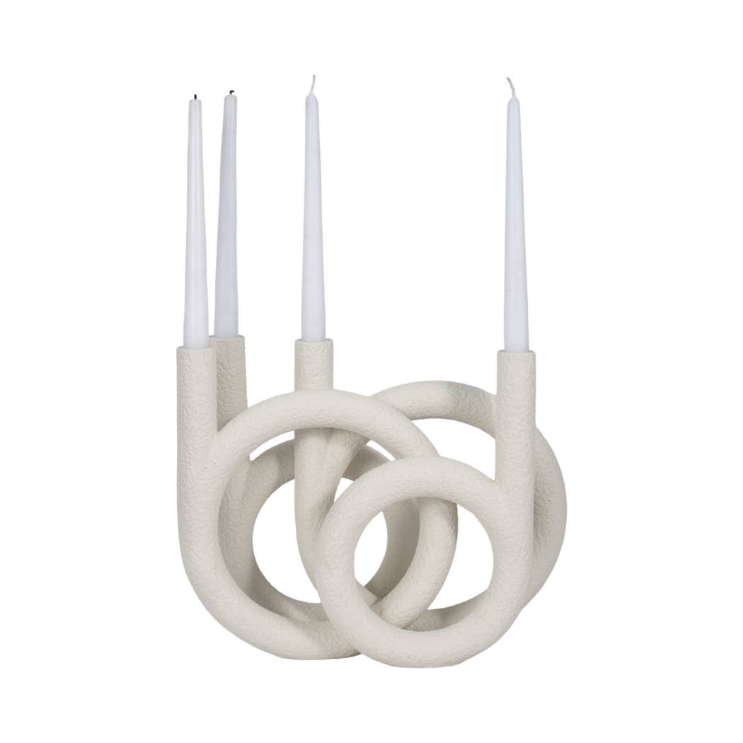 Candle Holder - White Polyresin Twisted Ring 4-Taper, 12 in.