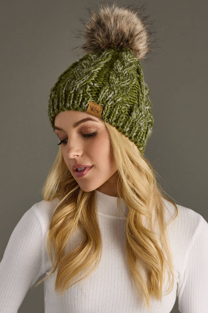 Olive Cable Knit Pom Hat