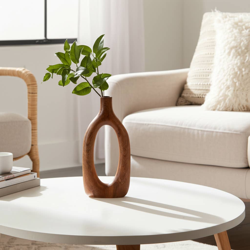 Brown 14x7 in. Wooden Casual Novelty Open Cut-Out Vase