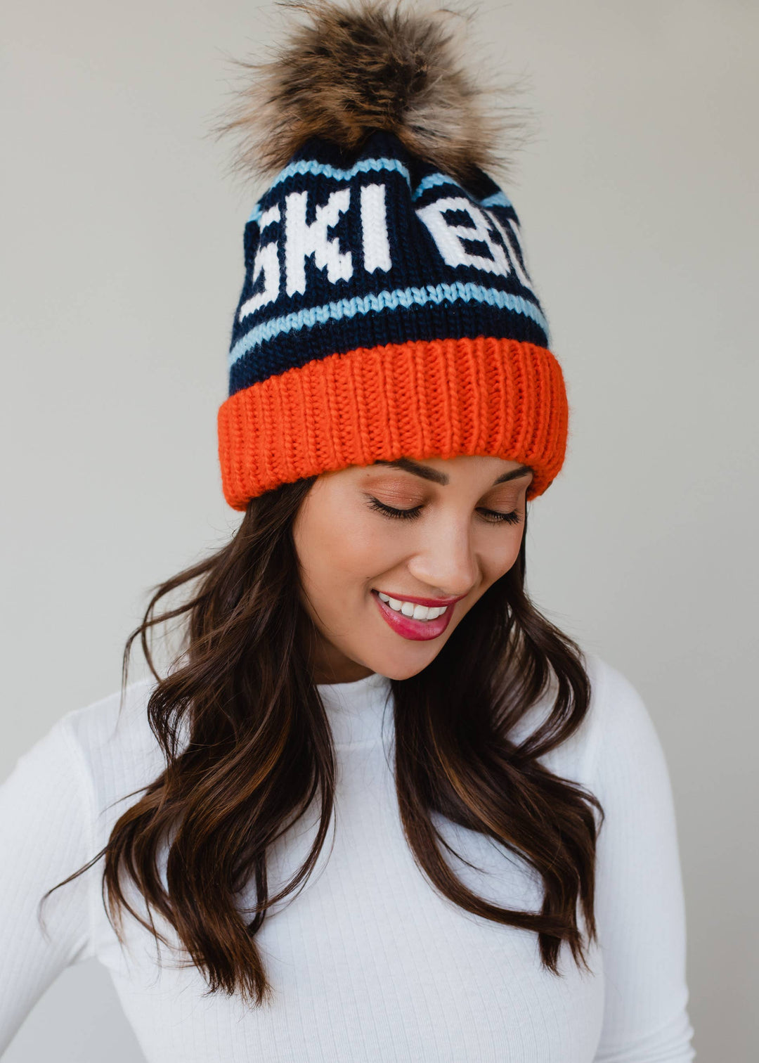 Orange, Navy & Lt. Blue Ski Bum Pom Hat