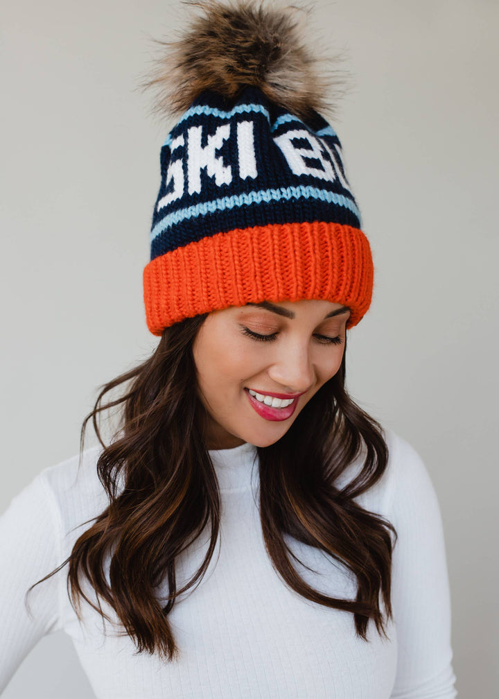 Orange, Navy & Lt. Blue Ski Bum Pom Hat