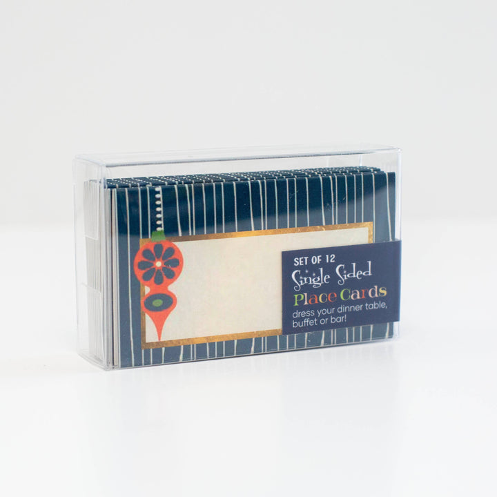 Retro Ornament Navy Stripe Folded Holiday Place Card
