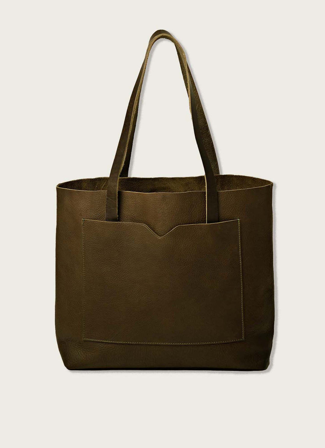 Leather raw edge wide tote bag: Olive