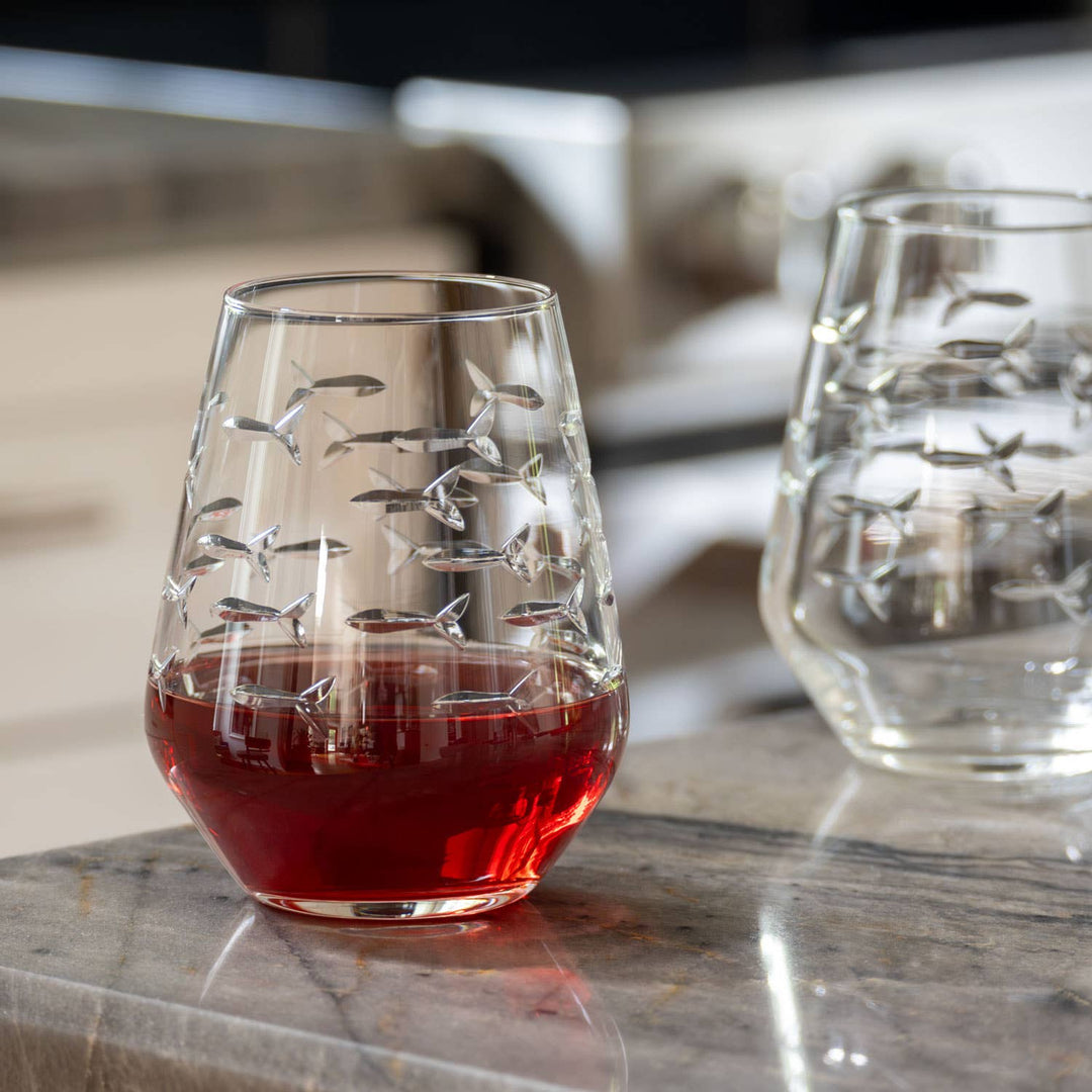 School of Fish Stemless Wine Glass 18oz: Case of 12