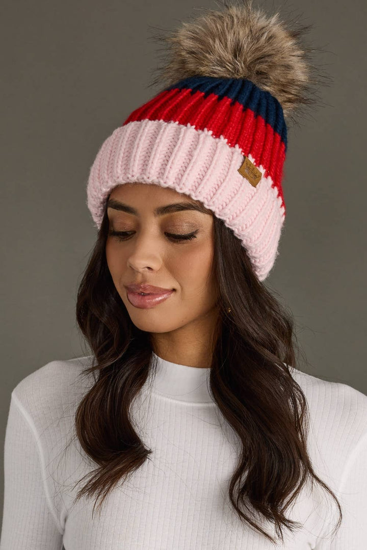 Navy, Red & Pink Color Block Pom Hat