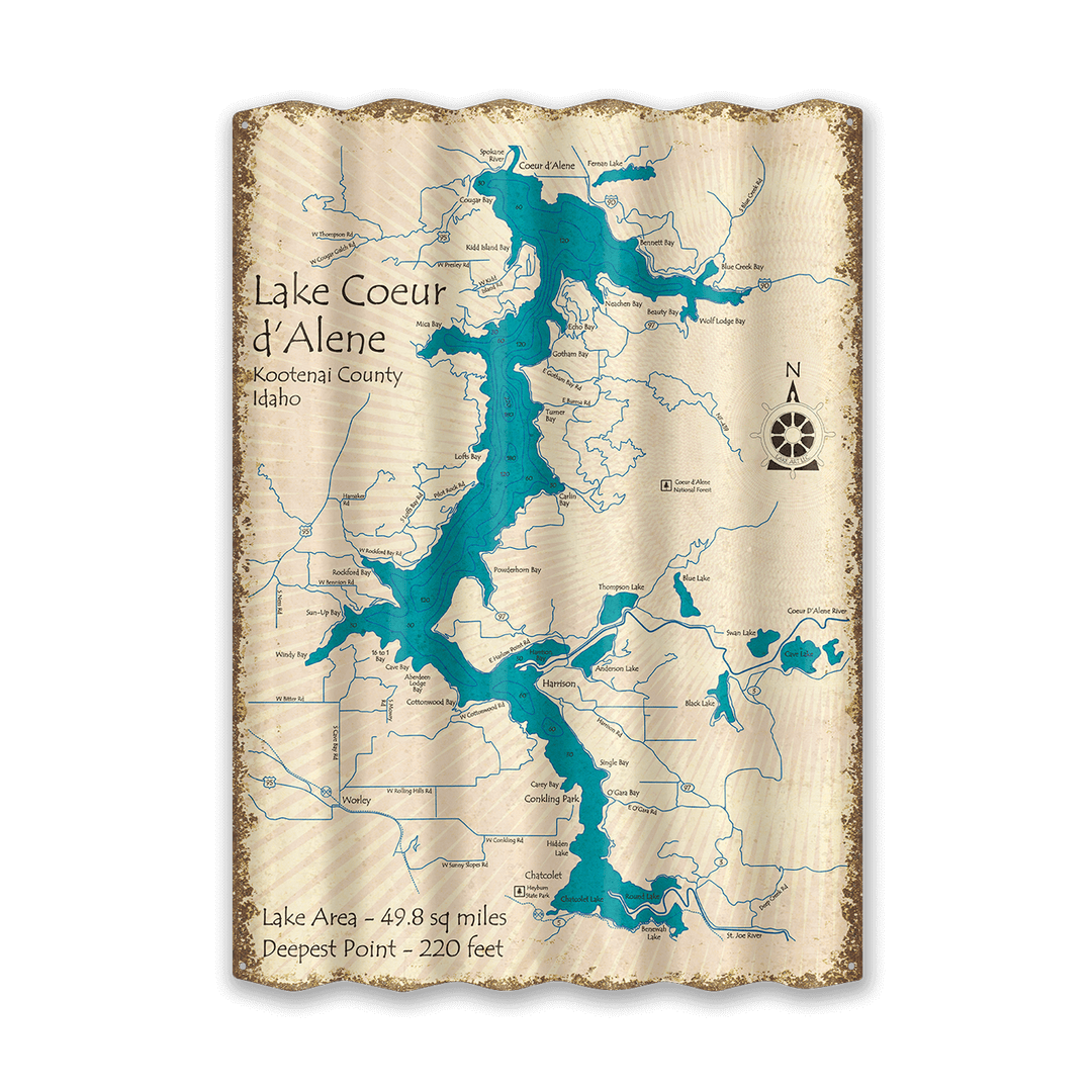 Lake Coeur d'Alene, Idaho - Corrugated Metal Wall Art: Corrugated Aluminum / 22.25" x 31.5"