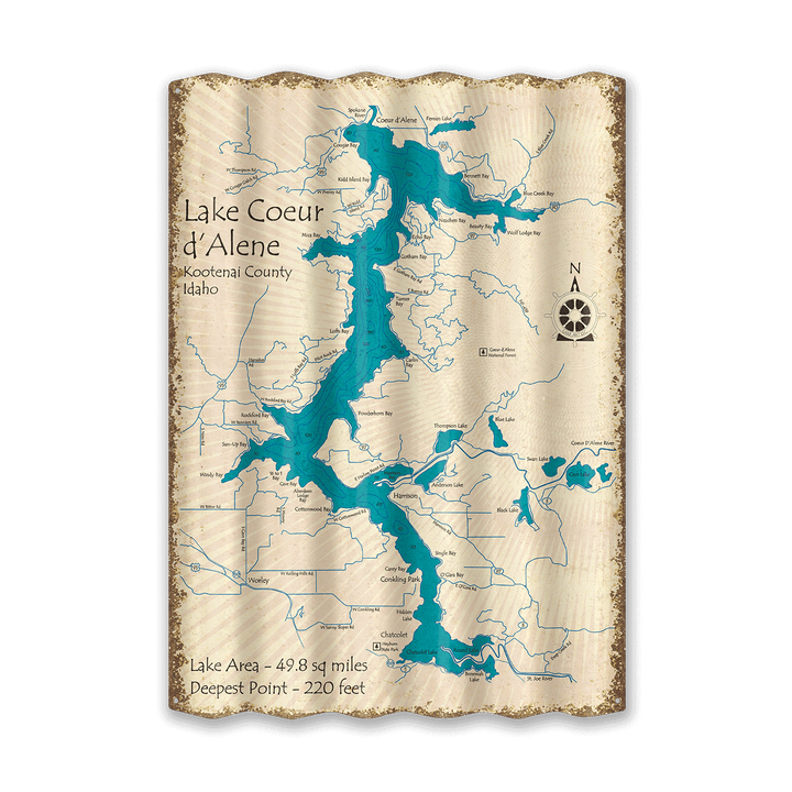 Lake Coeur d'Alene, Idaho - Corrugated Metal Wall Art: Corrugated Aluminum / 22.25" x 31.5"