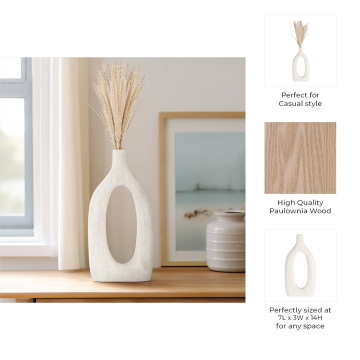 Paulownia Wood Abstract Cut-Out Vase - White, 14 in.