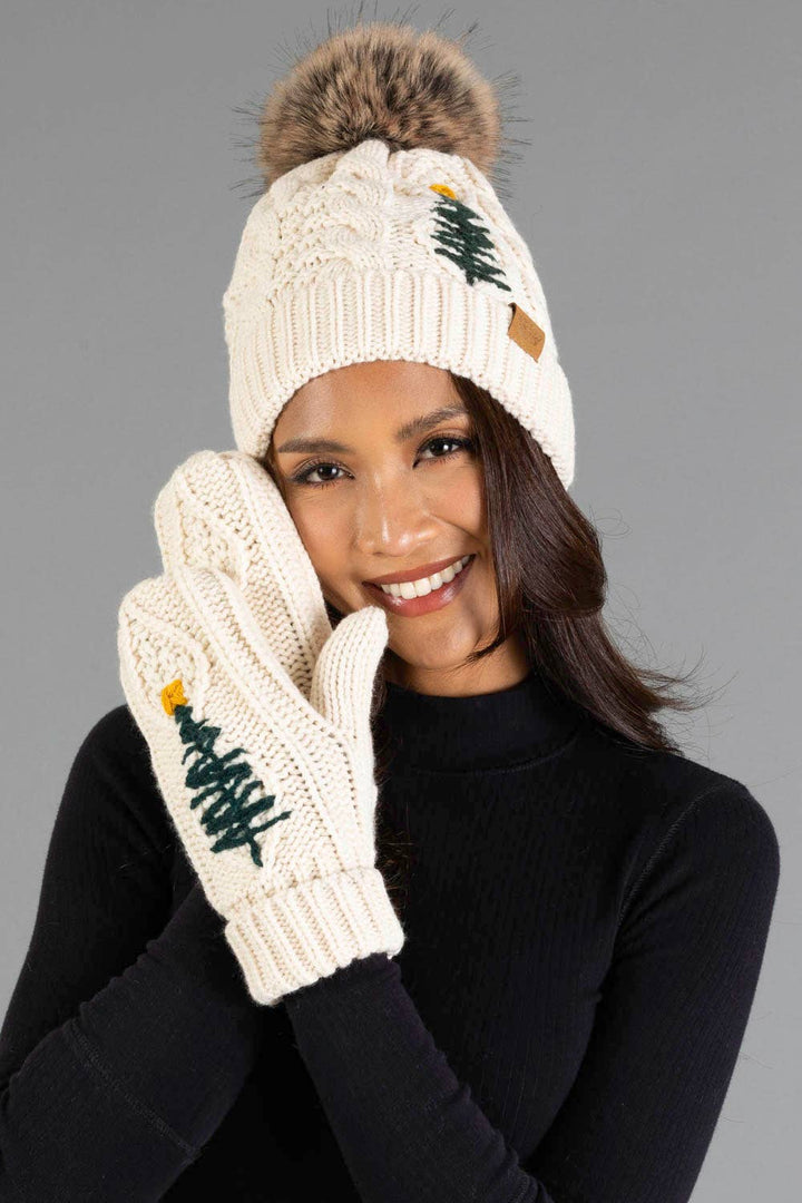 Beige Cable Knit Pom Hat w/ Embroidered Tree