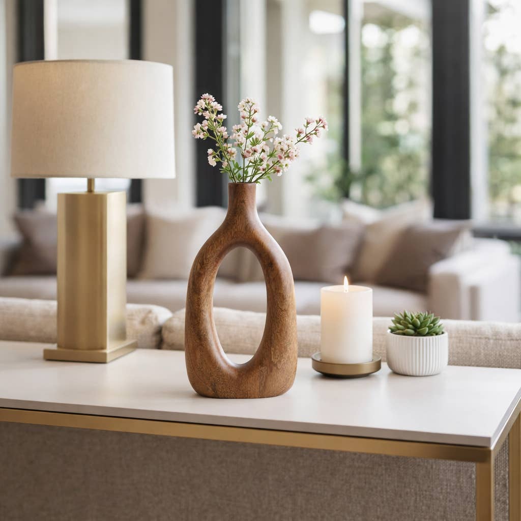 Brown 14x7 in. Wooden Casual Novelty Open Cut-Out Vase