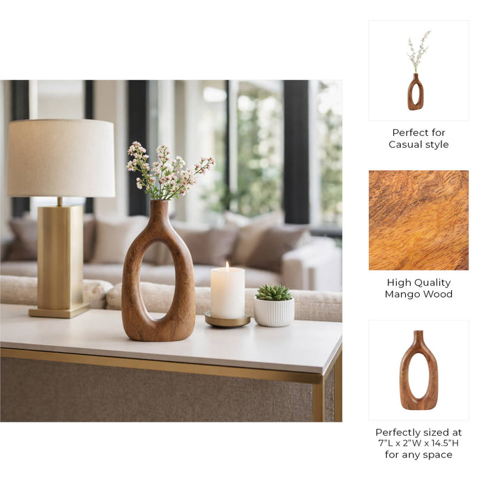 Brown 14x7 in. Wooden Casual Novelty Open Cut-Out Vase
