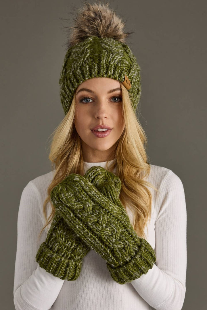 Olive Cable Knit Pom Hat