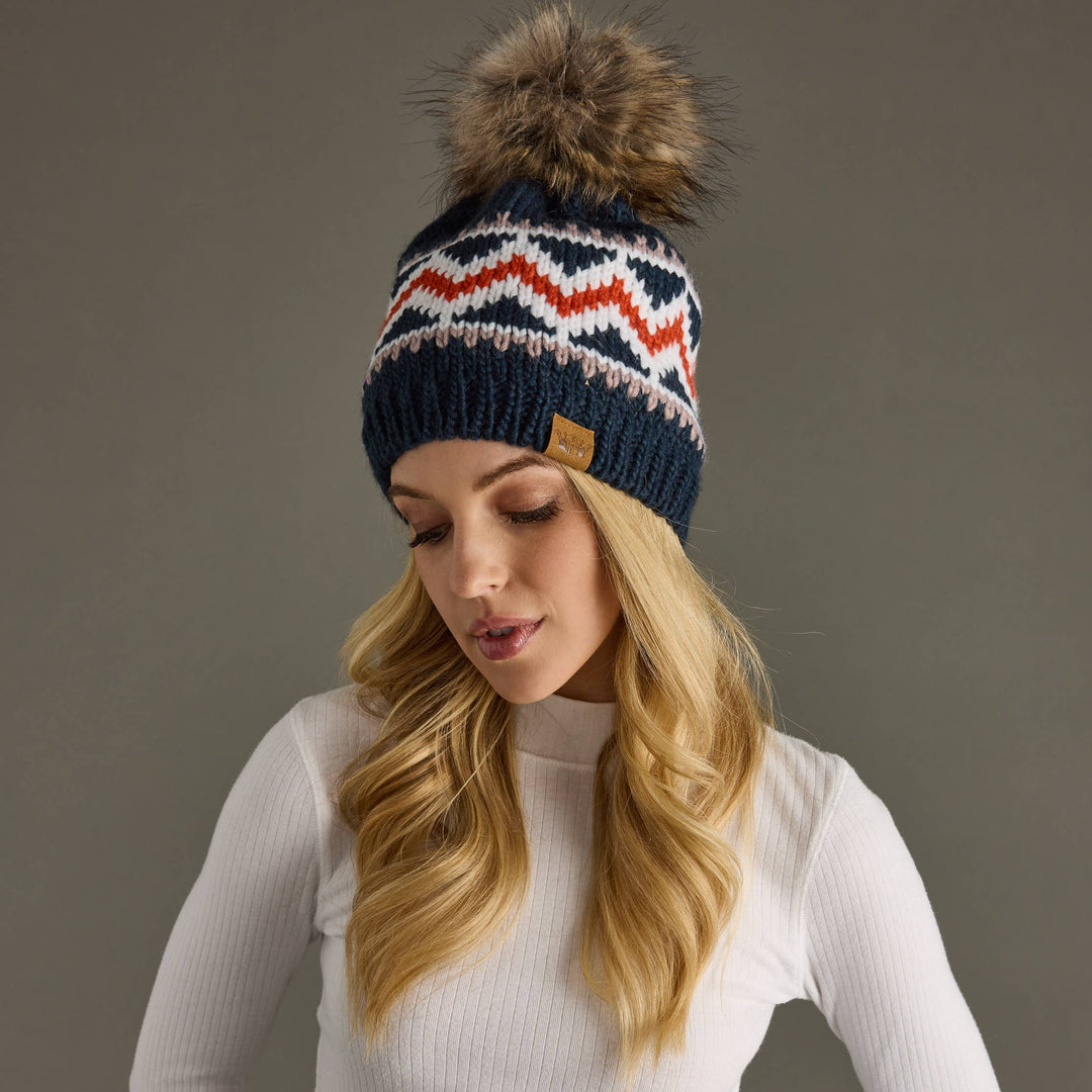 Dk. Navy, Red & White Patterned Pom Hat