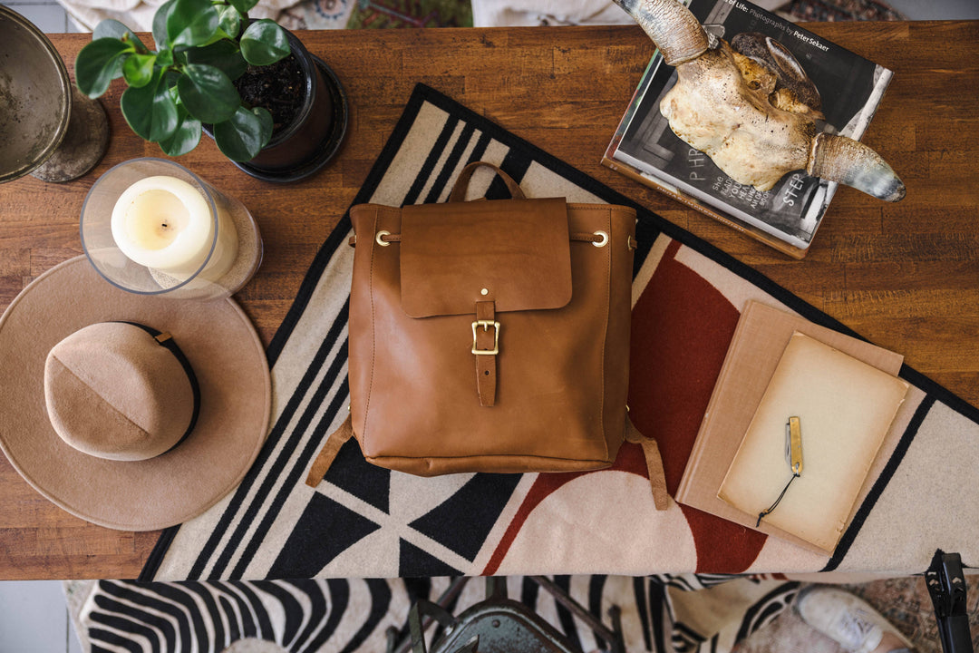 Leather Drawstring Backpack: Tan