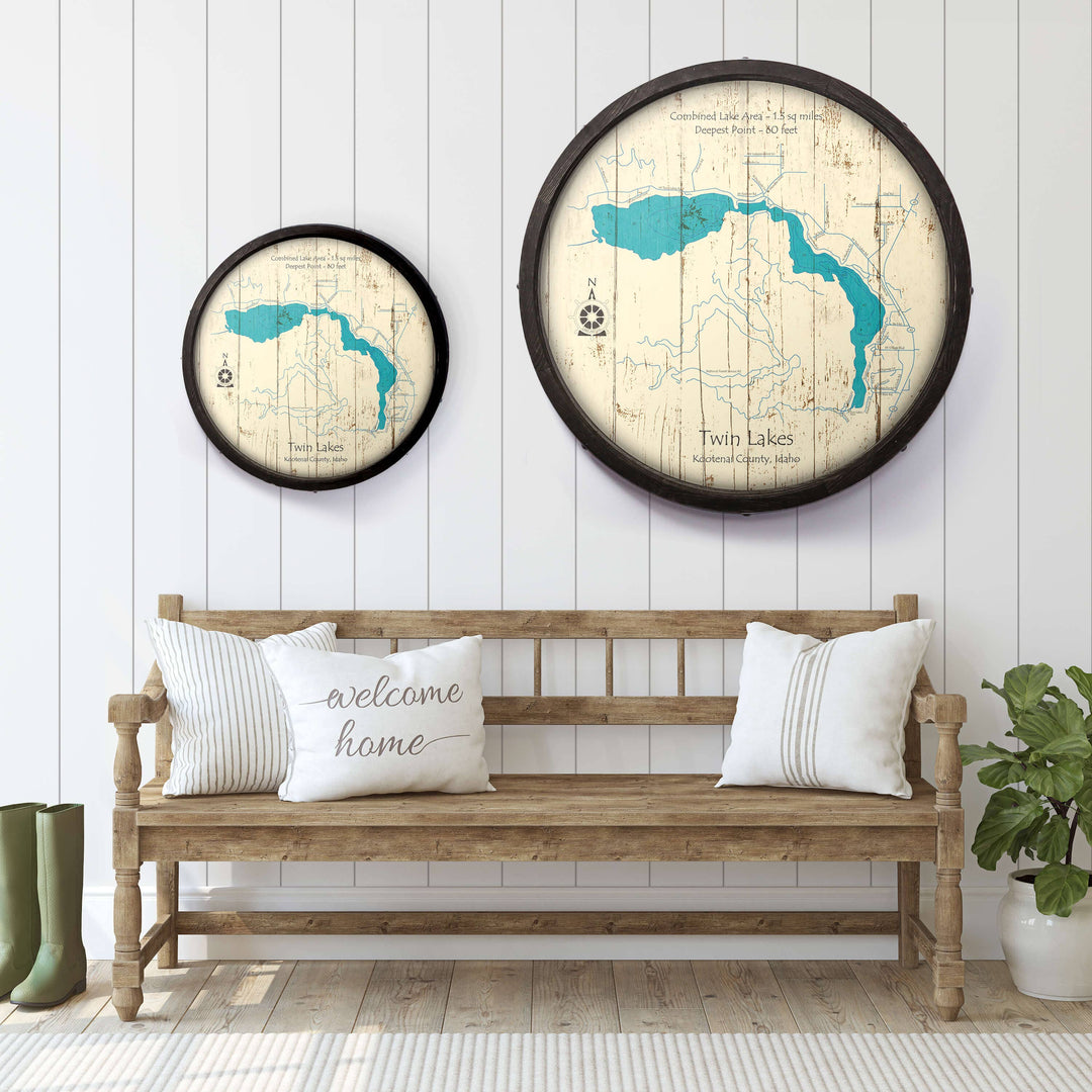 Twin Lakes, Idaho on a Barrel End: Wood / 24" x 24"