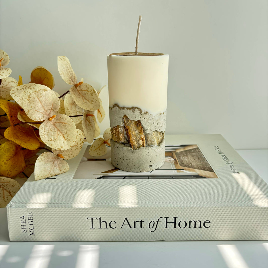 Concrete Pillar Candles | Candle: Black & Sahara Sunset / Morroccan Cashmere