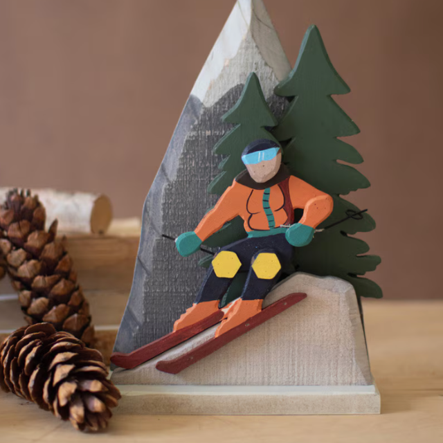 Painted Wood Snow Skiing Scene