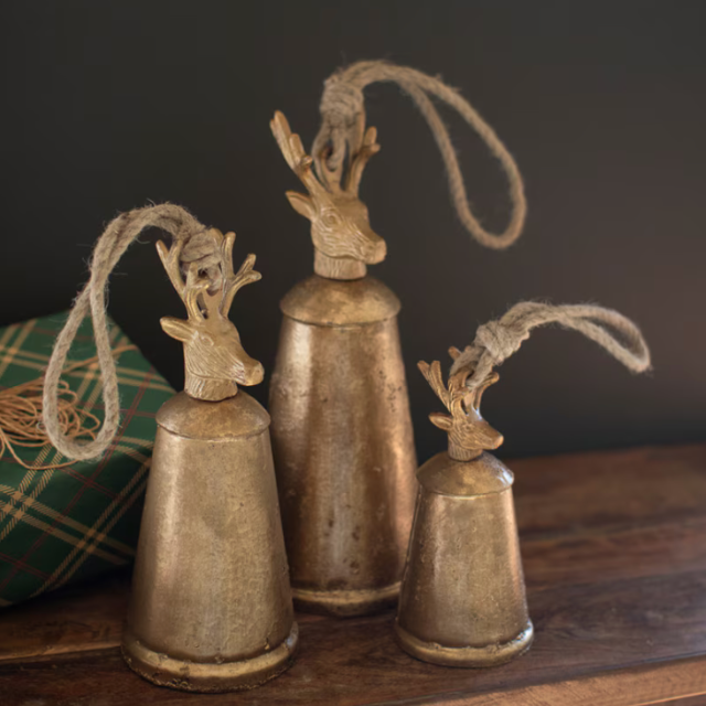 Set of 3 Antique Gold Metal Christmas Bells with Deer Finials