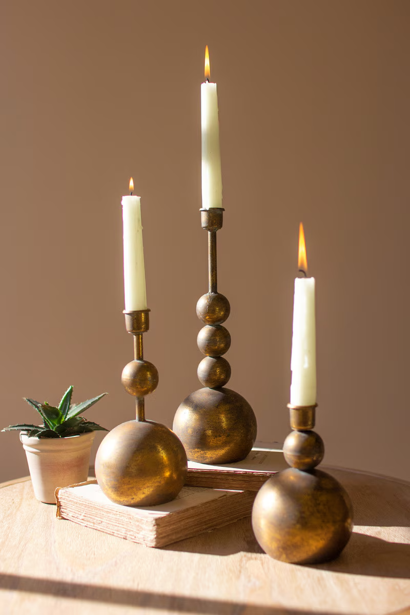 Set of 3 Antique Brass Taper Candle Holders