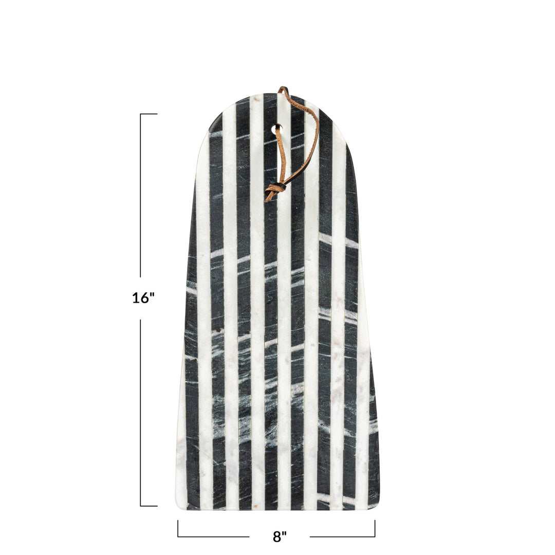 Marble Cheese/Cutting Board w/ Stripes & Leather Tie, Black & White
