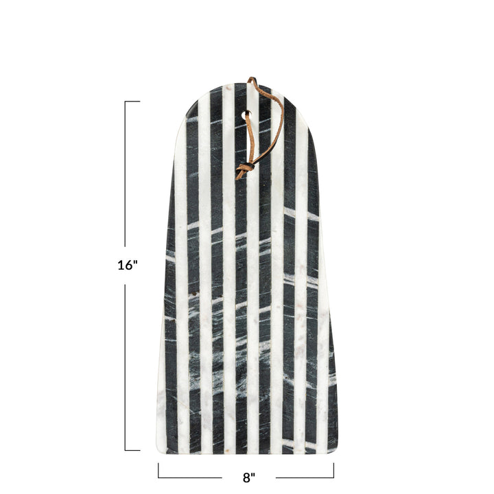 Marble Cheese/Cutting Board w/ Stripes & Leather Tie, Black & White