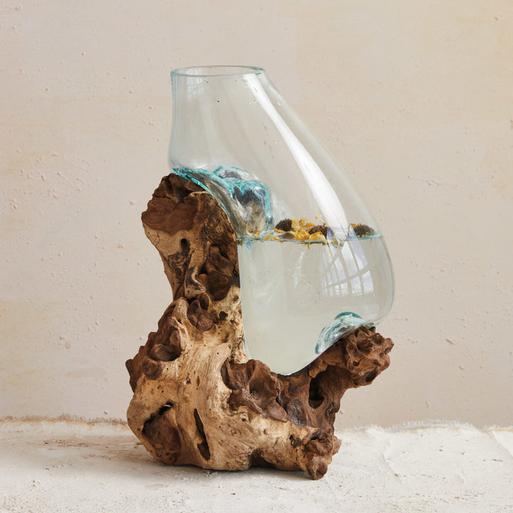 Recycled Glass Terrarium/Vase on Wood Base (Each One Will Vary)